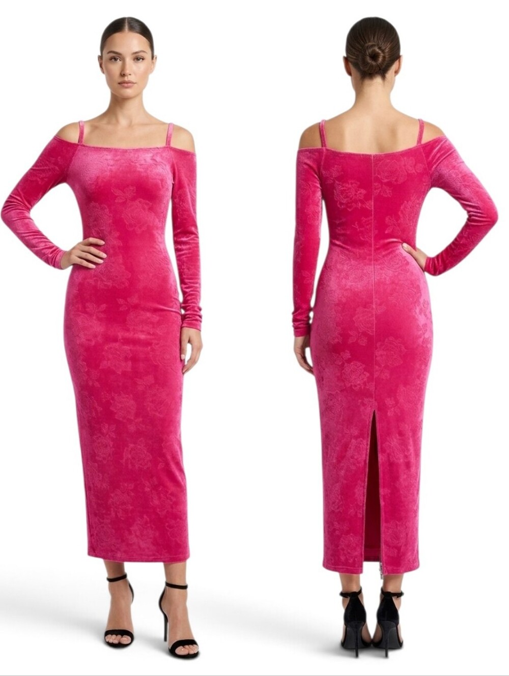 Metamorphosis Women's Bright Pink Floral Print Cold Shoulder Maxi Dress
